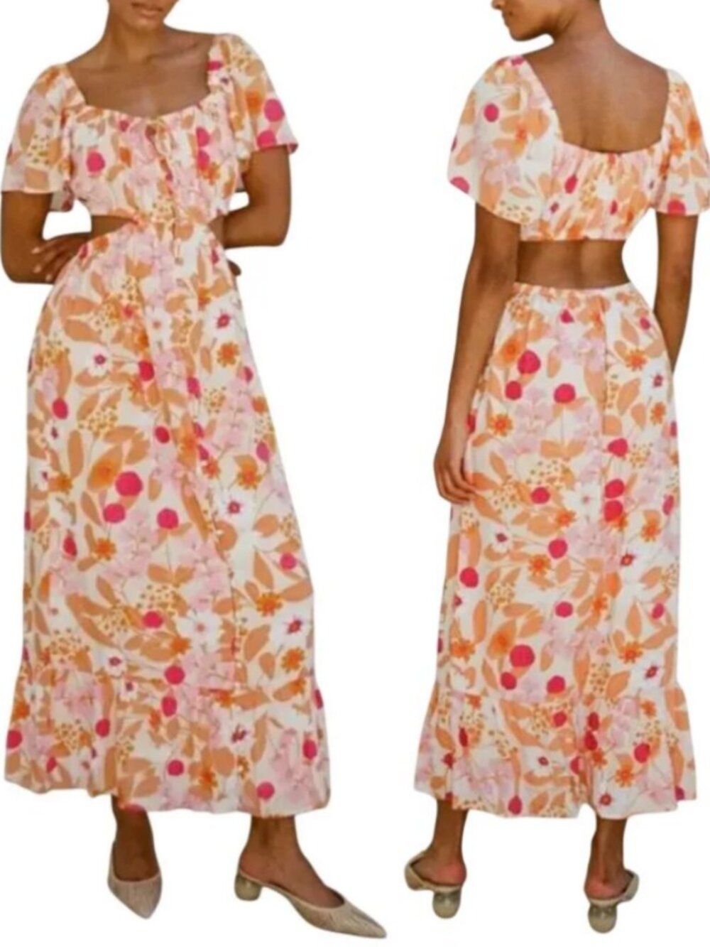 Sabo Katana Maxi Dress M Orange Pink Ruffle Sleeve Open Back Floral Boho Resort